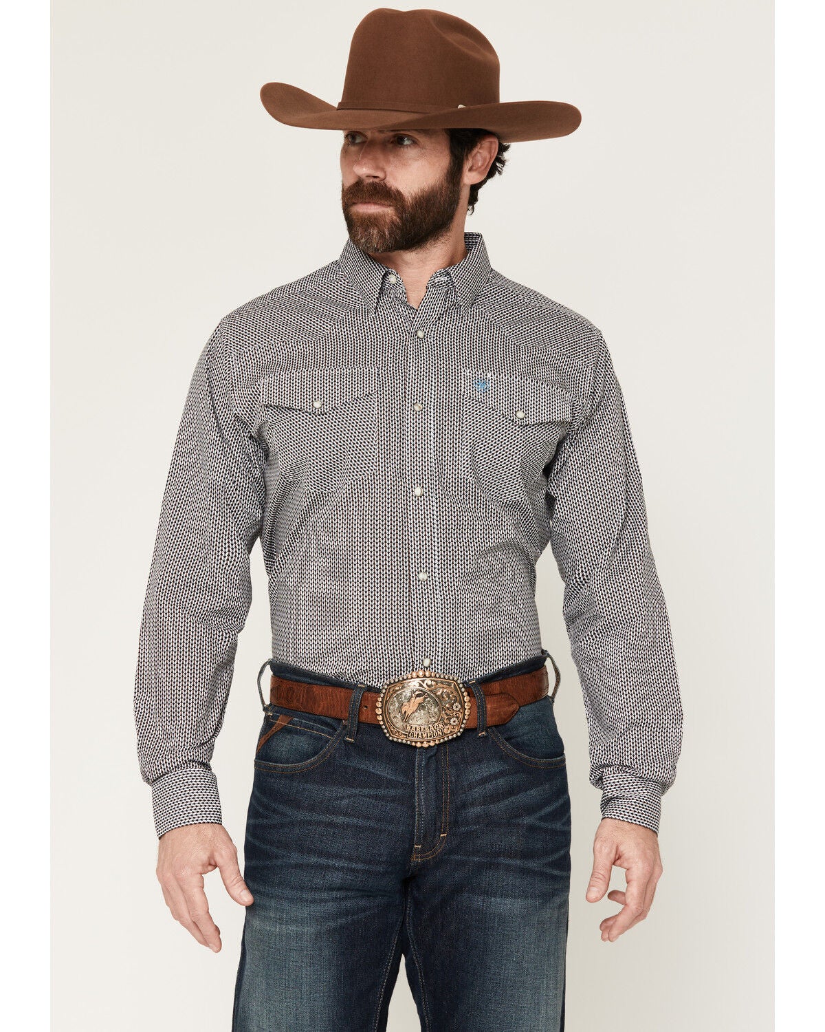 Image #1 - Ariat Men's Chas Geo Print Long Sleeve Snap Western Shirt, Black, hi-res