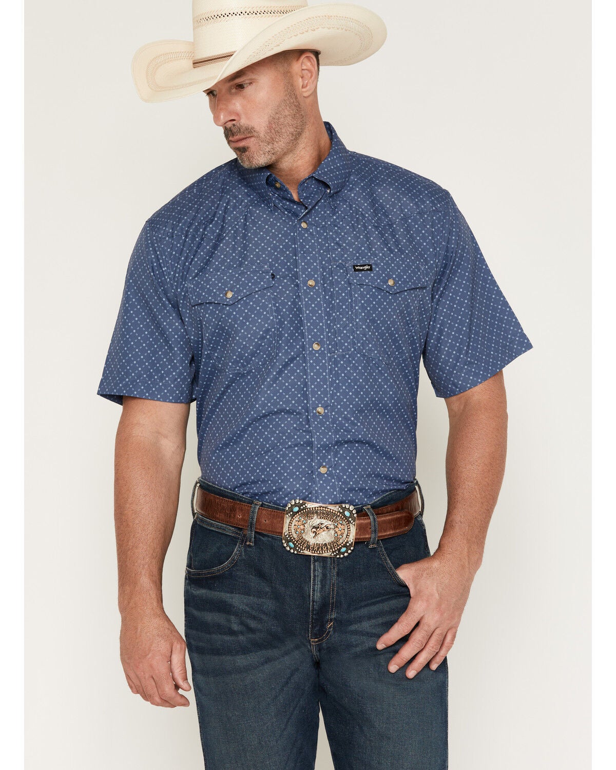 Wrangler Men's ATG Geo Print Short Sleeve Snap Performance Western Shirt, Blue, hi-res