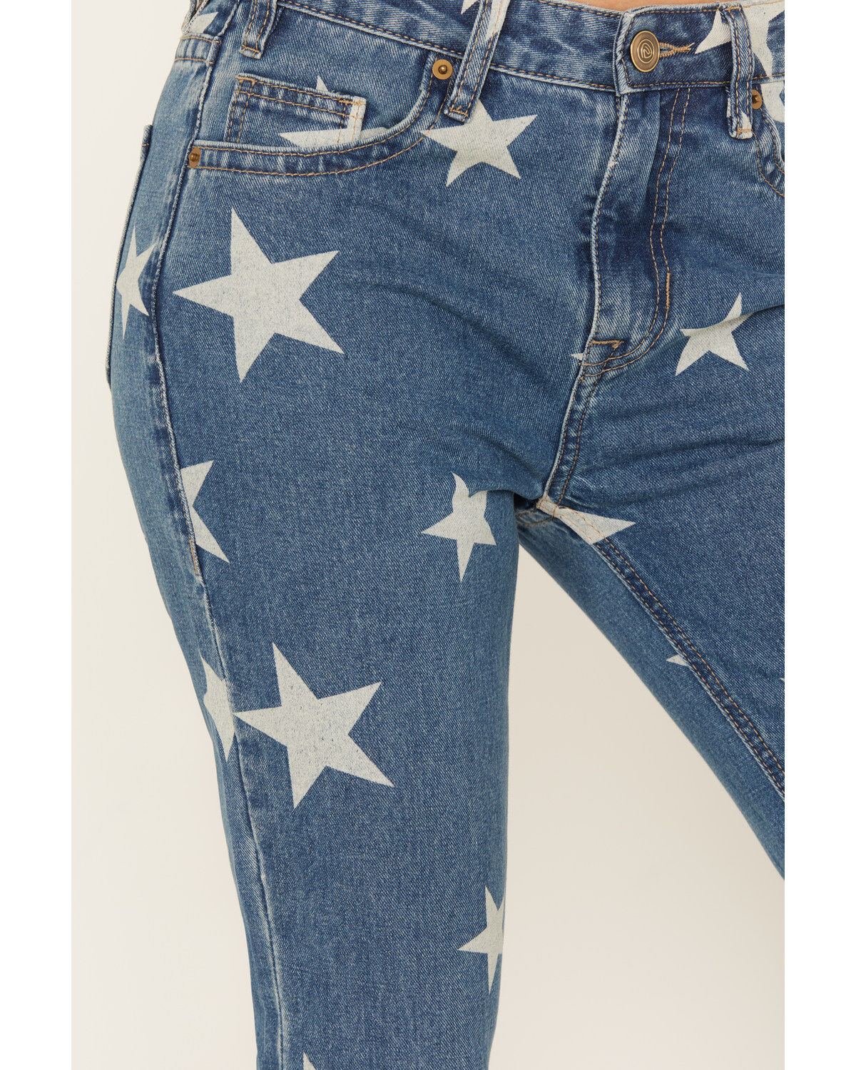 Product Name:  Rock & Roll Denim Women's Light Wash High Rise Star Print Americana Slit Flare Jeans