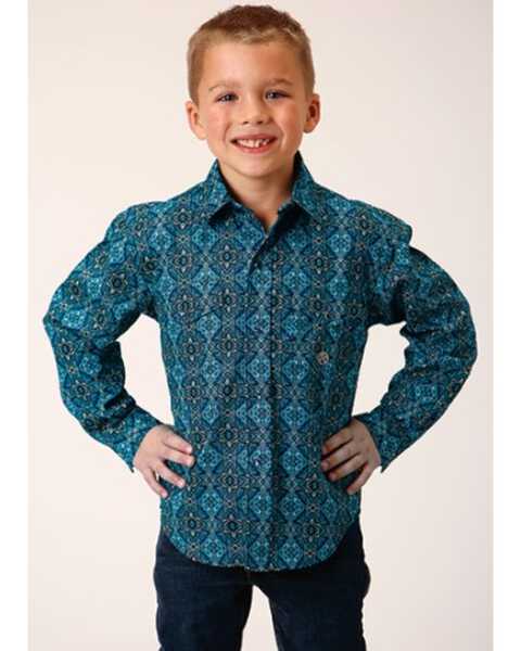Image #1 - Roper Boys' Ruby Falls Printed  Long Sleeve Snap Western Shirt, Blue, hi-res