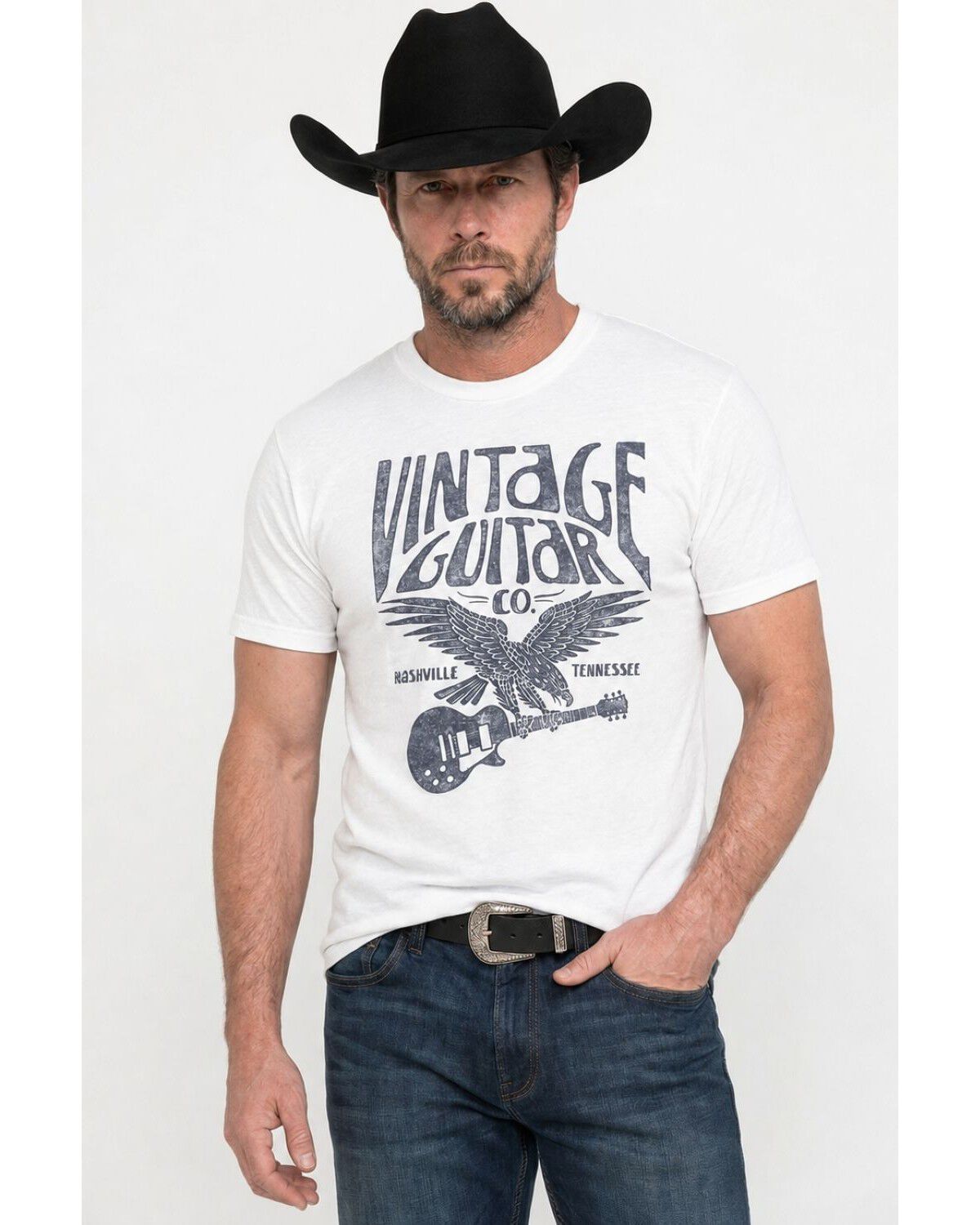 Americana Men's Vintage Guitar Short Sleeve Graphic T-Shirt, White, hi-res