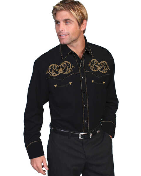 Scully Men's Embroidered Star Western Shirt    , Black, hi-res
