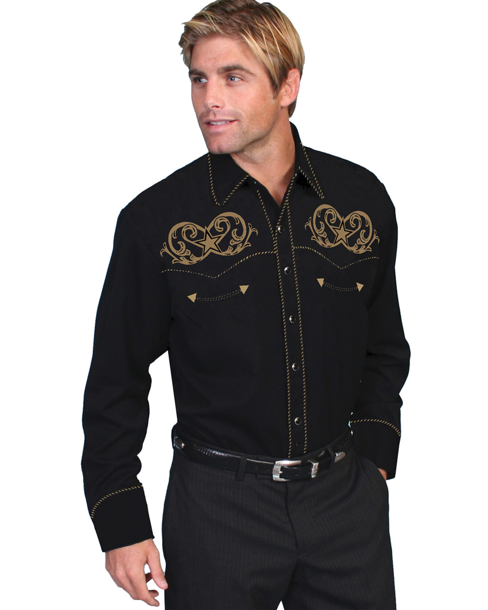 Image #1 - Scully Men's Embroidered Star Western Shirt, Black, hi-res