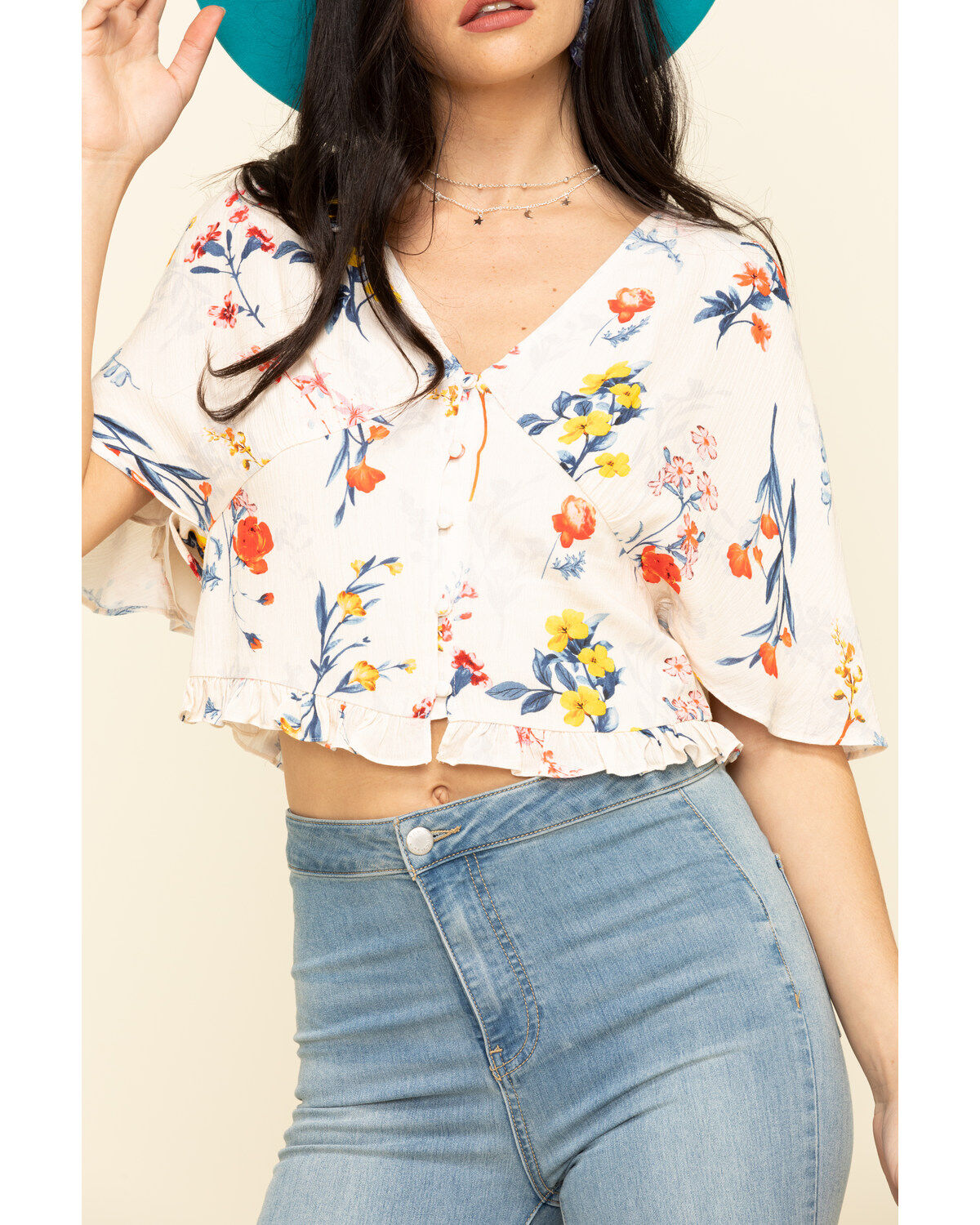 Image #4 - Miss Me Women's Cream Floral Button Down Ruffle Top, , hi-res