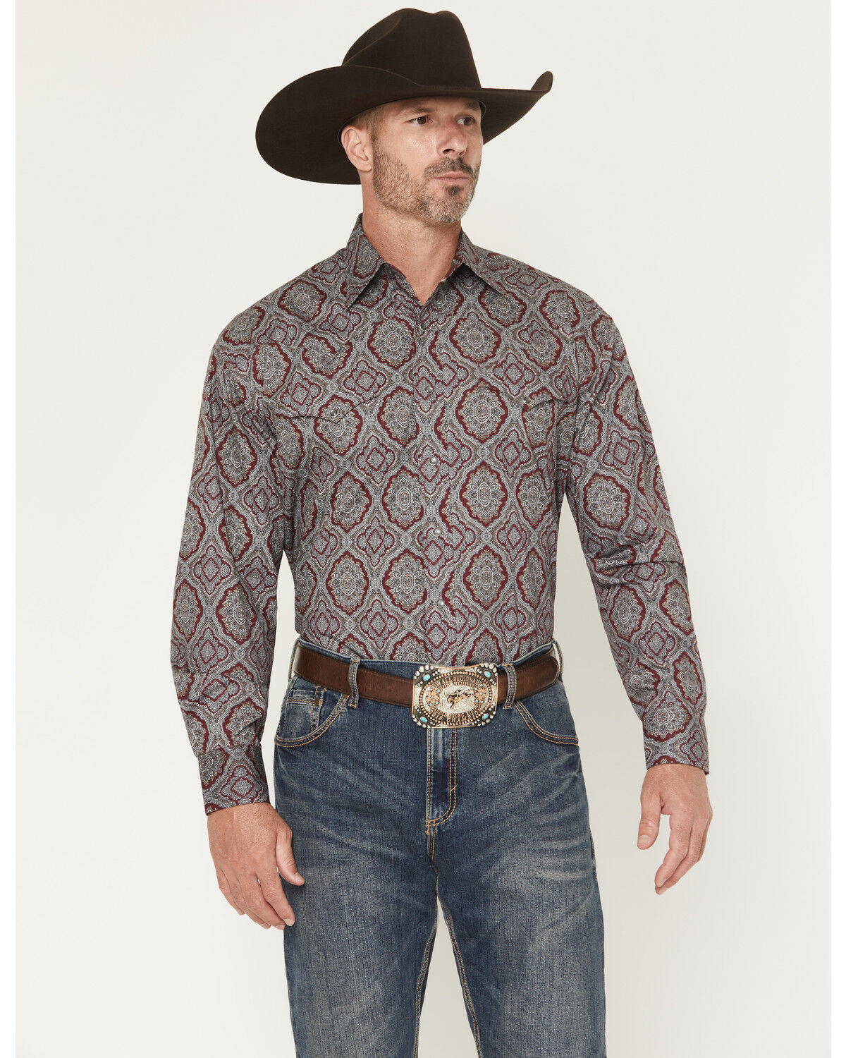 Image #1 - Stetson Men's Medallion Print Long Sleeve Snap Western Shirt, Wine, hi-res