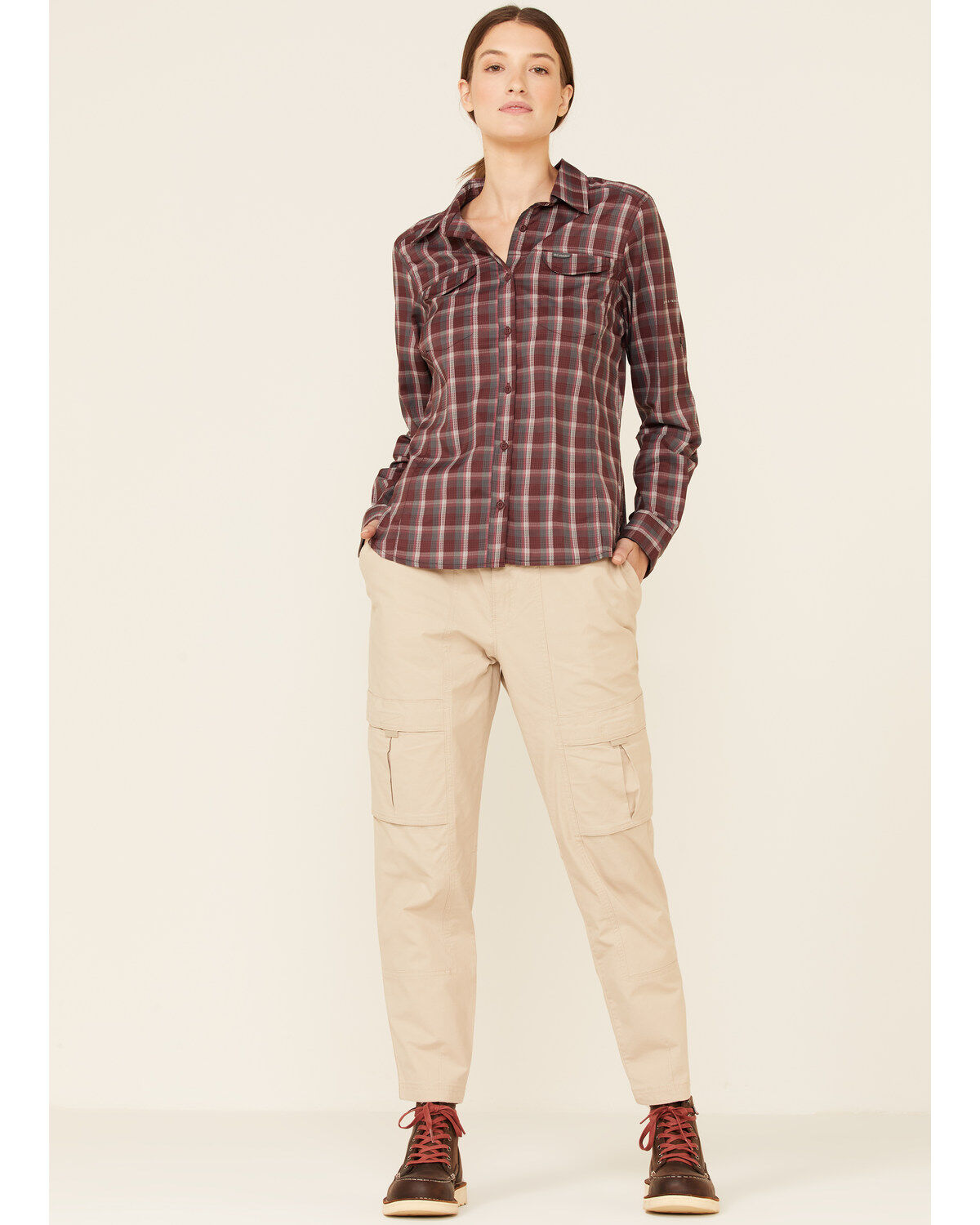 Image #2 - Columbia Women's Malbec Plaid Print Ridge Lite Long Sleeve Button-Down Western Shirt, Burgundy, hi-res