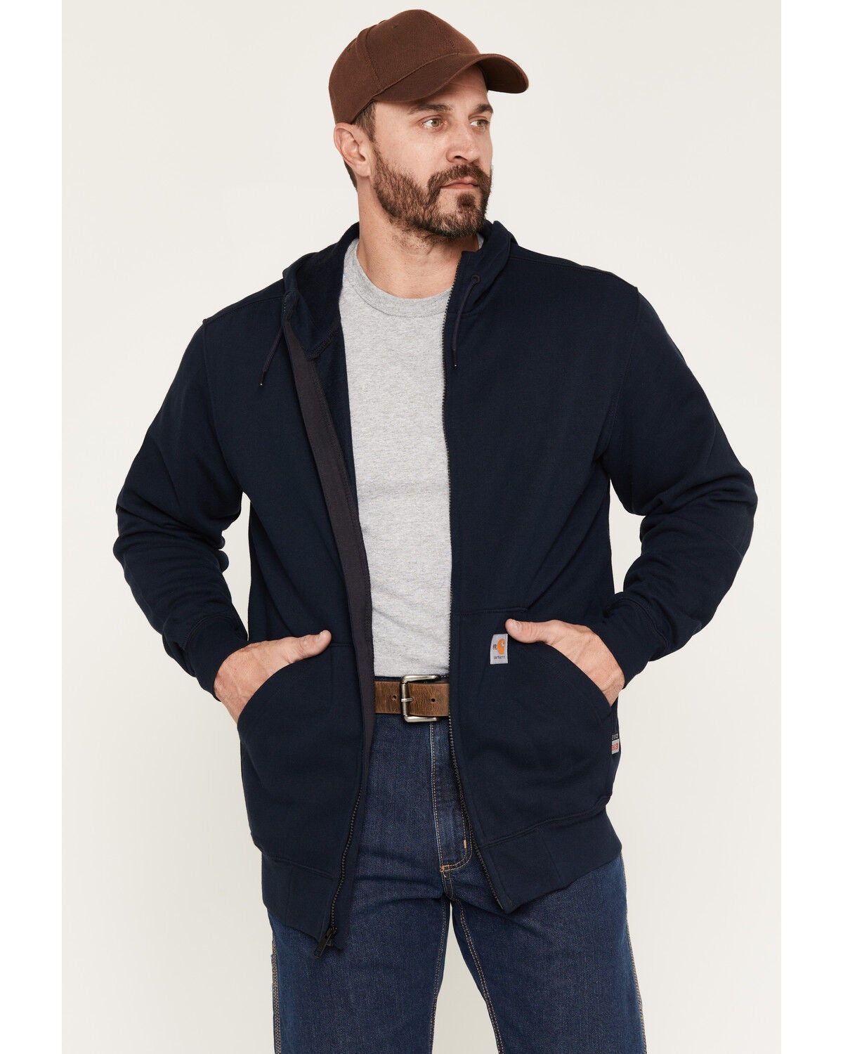 Carhartt Men's FR Force Original Fit Zip-Front Hooded Work Jacket, Navy, hi-res