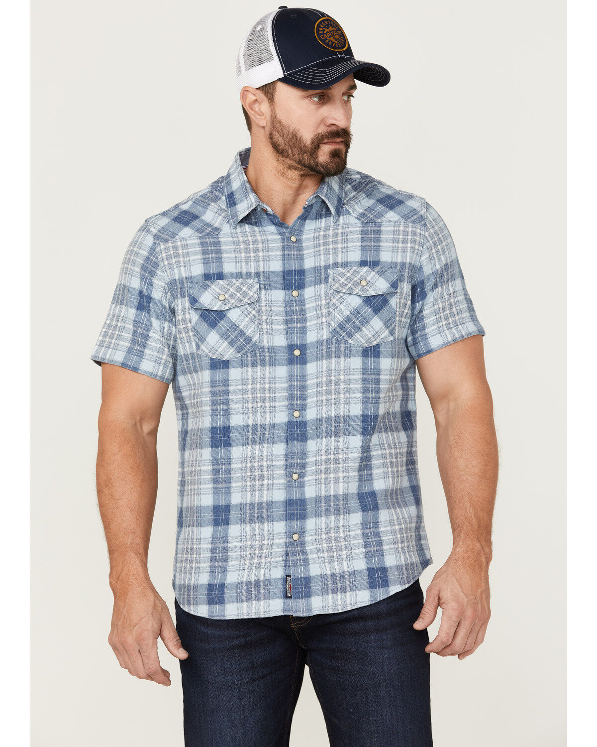 Image #1 - Flag & Anthem Men's Desert Son Cookeville Vintage Large Plaid Short Sleeve Snap Western Shirt, Light Blue, hi-res