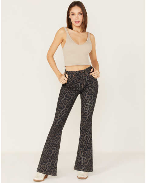 Rock & Roll Denim Women's Leopard Print High Rise Flare Jeans, Black, hi-res