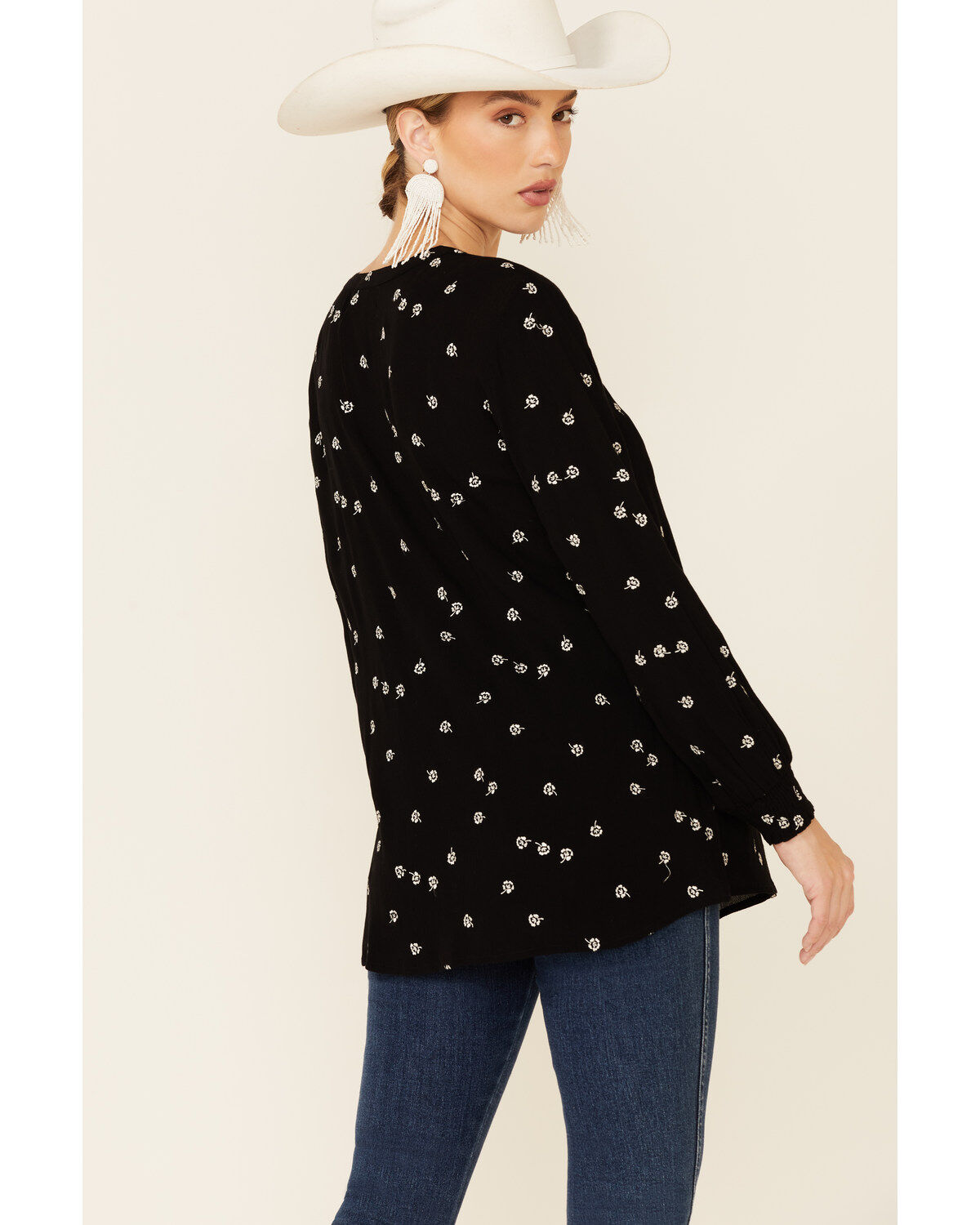 Image #4 - Shyanne Women's Floral Print Long Sleeve Peasant Tunic, Black, hi-res