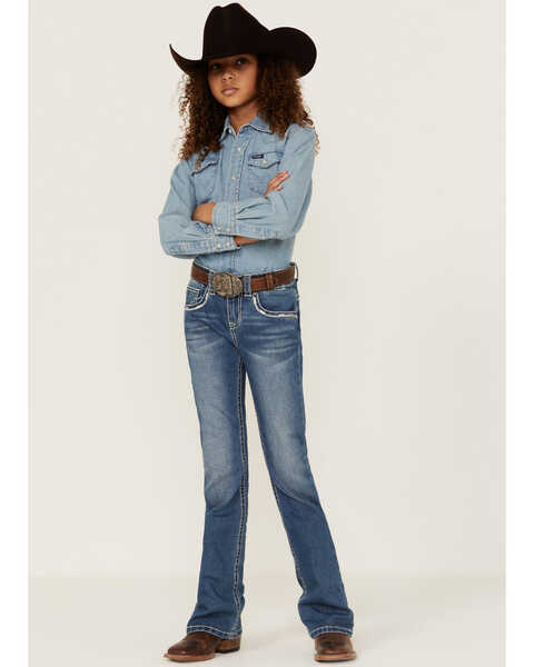 Shyanne Girls' Zigzag Pocket Bootcut Jeans, Blue, hi-res