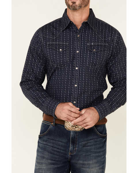 Stetson Men's Horseshoe Stripe Long Sleeve Snap Western Shirt , Blue, hi-res