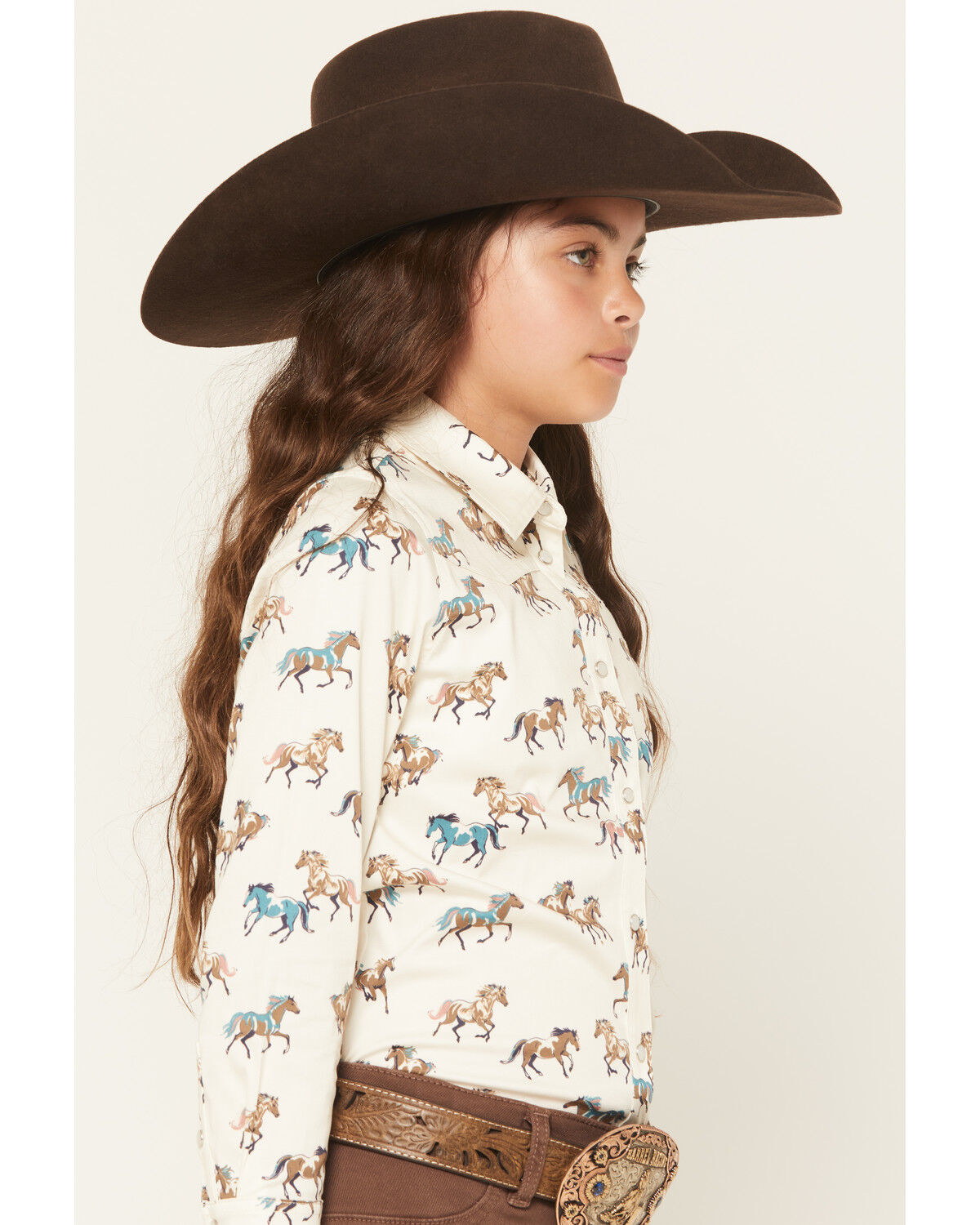 Image #2 - Shyanne Girls' Horse Print Long Sleeve Pearl Snap Stretch Western Shirt, Cream, hi-res