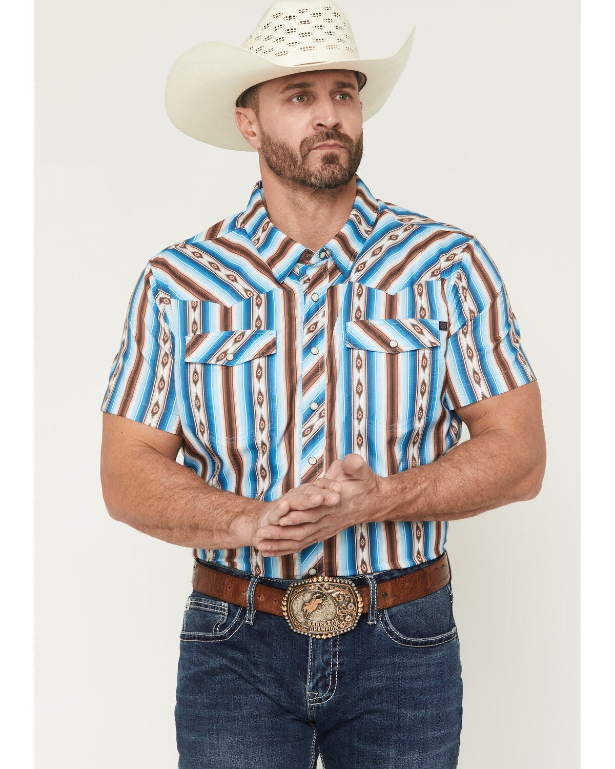 Image #1 - Rock & Roll Denim Men's Tek Southwestern Striped Short Sleeve Snap Western Shirt, Turquoise, hi-res