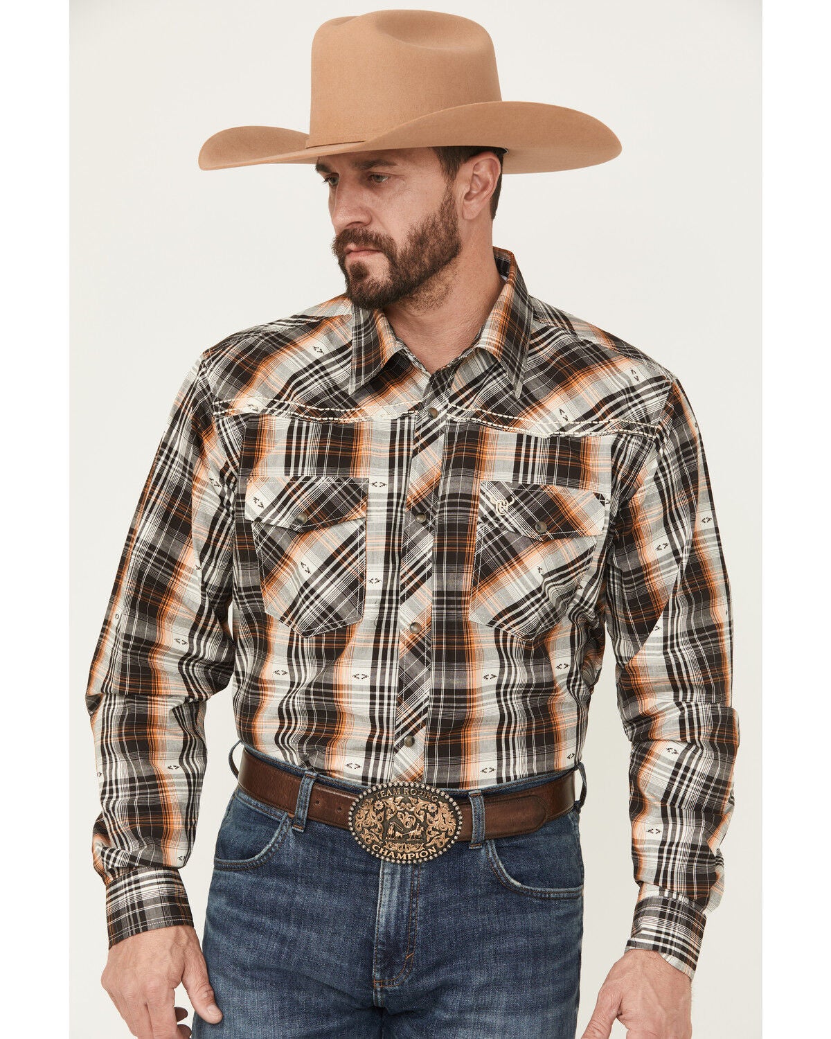 Cowboy Hardware Men's Plaid Print Long Sleeve Snap Stretch Western Shirt, Dark Brown, hi-res