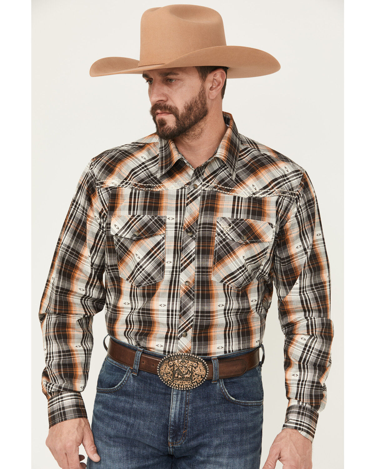 Image #1 - Cowboy Hardware Men's Plaid Print Long Sleeve Snap Stretch Western Shirt, Dark Brown, hi-res