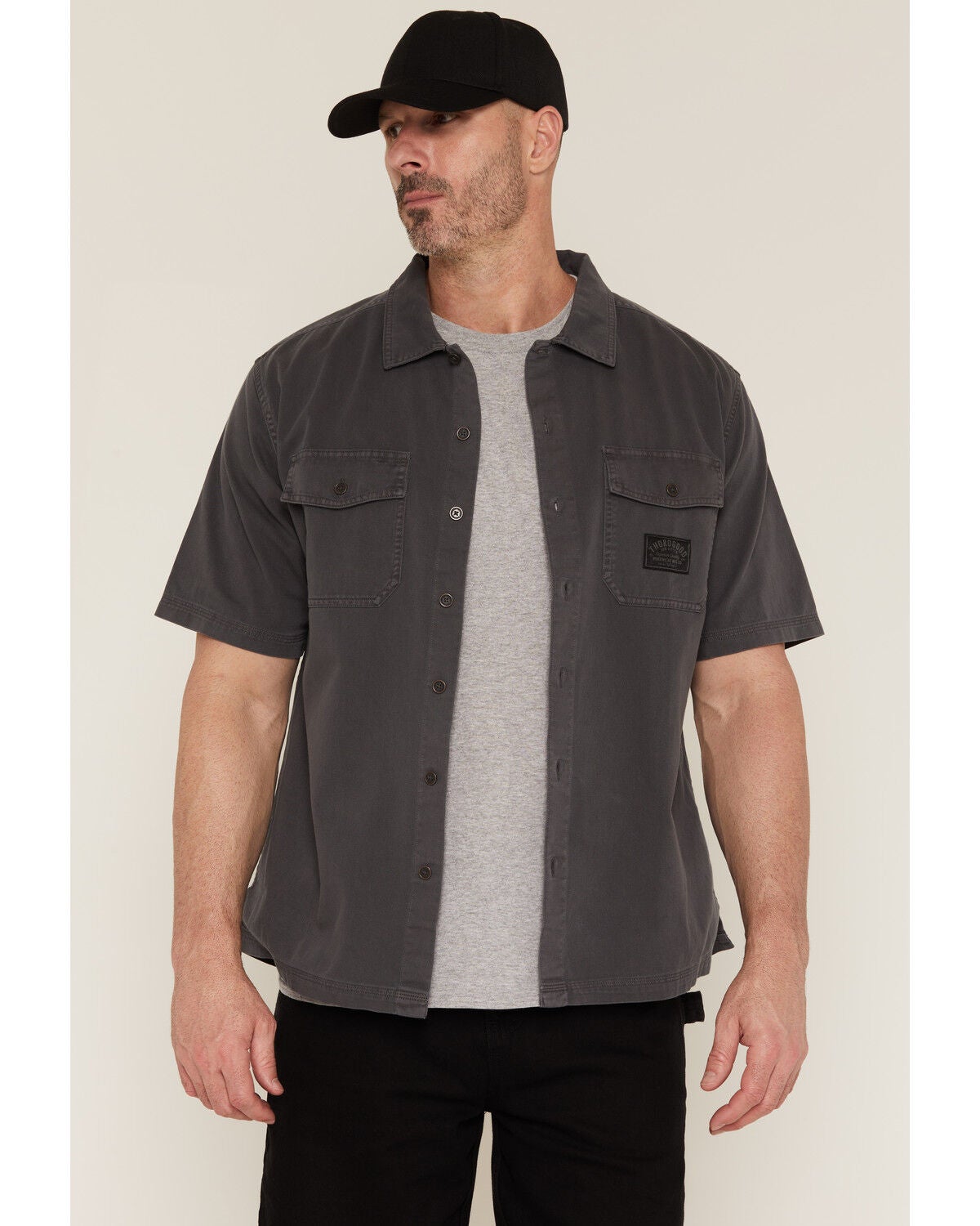 Image #1 - Thorogood Men's Solid Washed Garage Short Sleeve Button-Down Shirt, Charcoal, hi-res