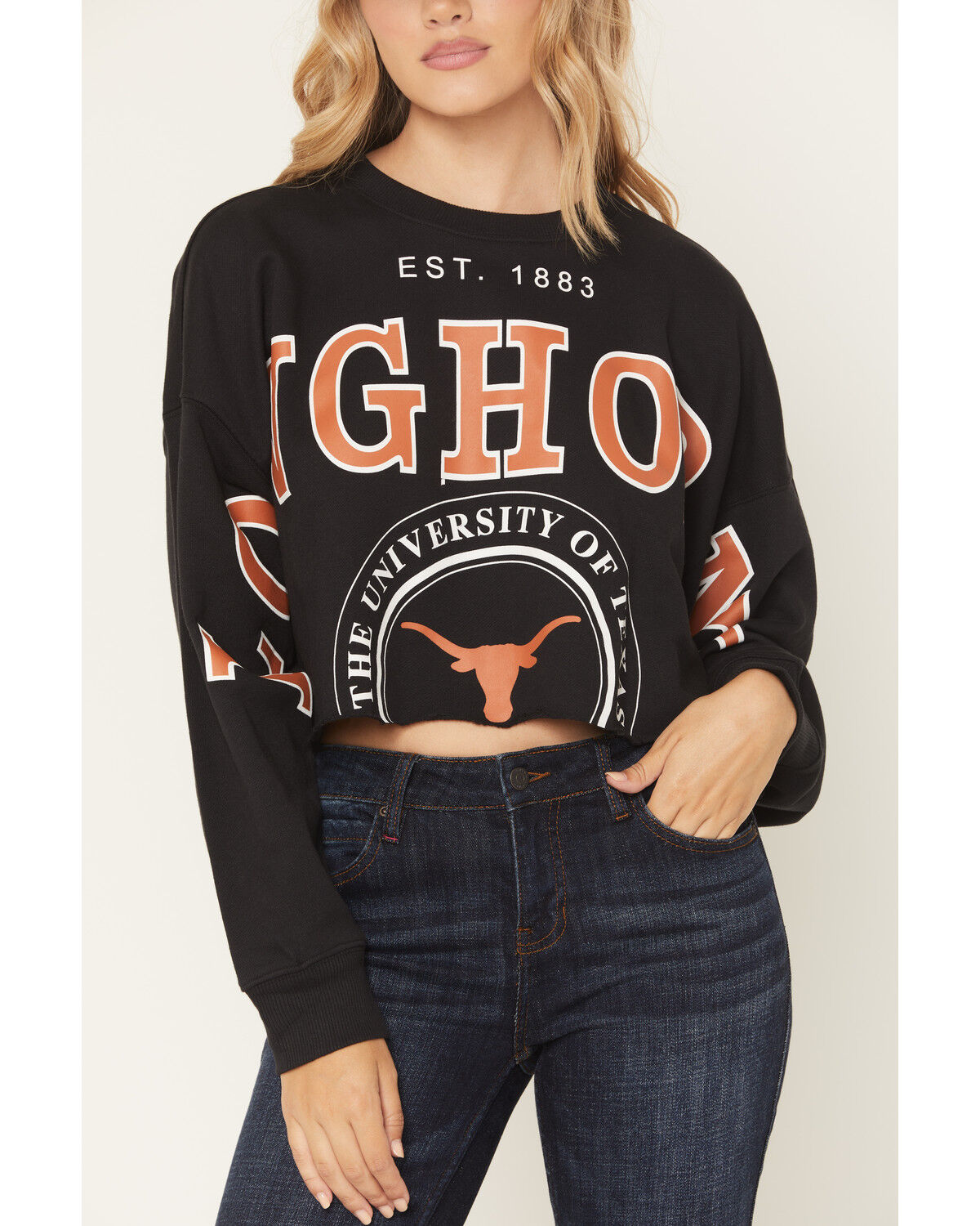 Image #3 - Gameday Women's UT Split Long Sleeve Cropped Graphic Tee, Black, hi-res