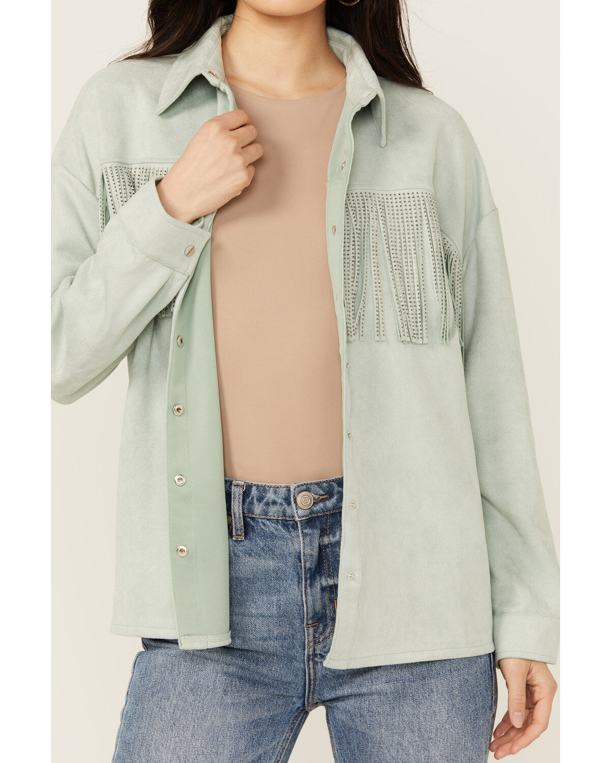 Product Name:  Rock & Roll Denim Women's Faux Suede Front Fringe Shacket