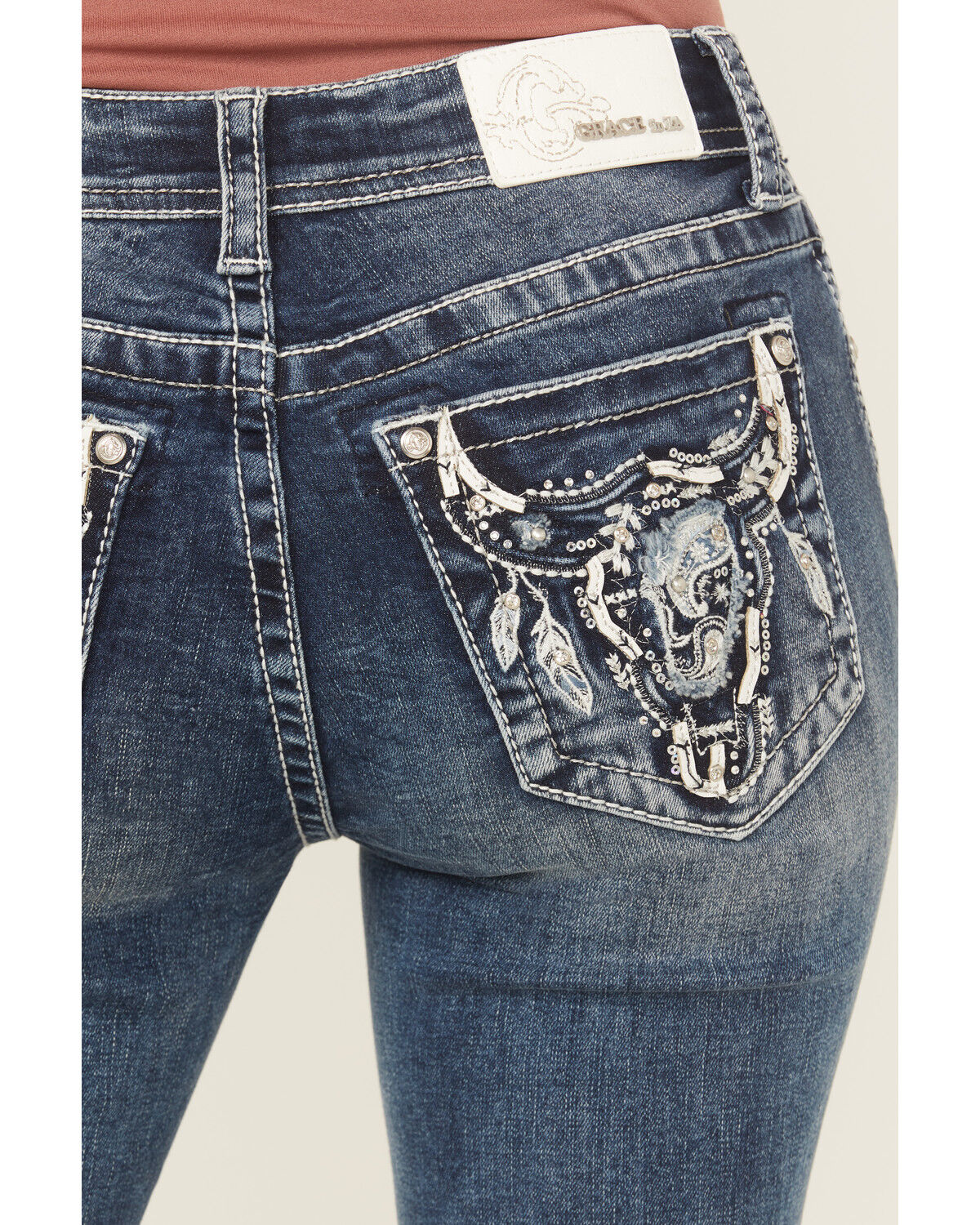 Grace LA Women's Medium Wash Mid Rise Embroidered Bootcut Stretch Denim Jeans