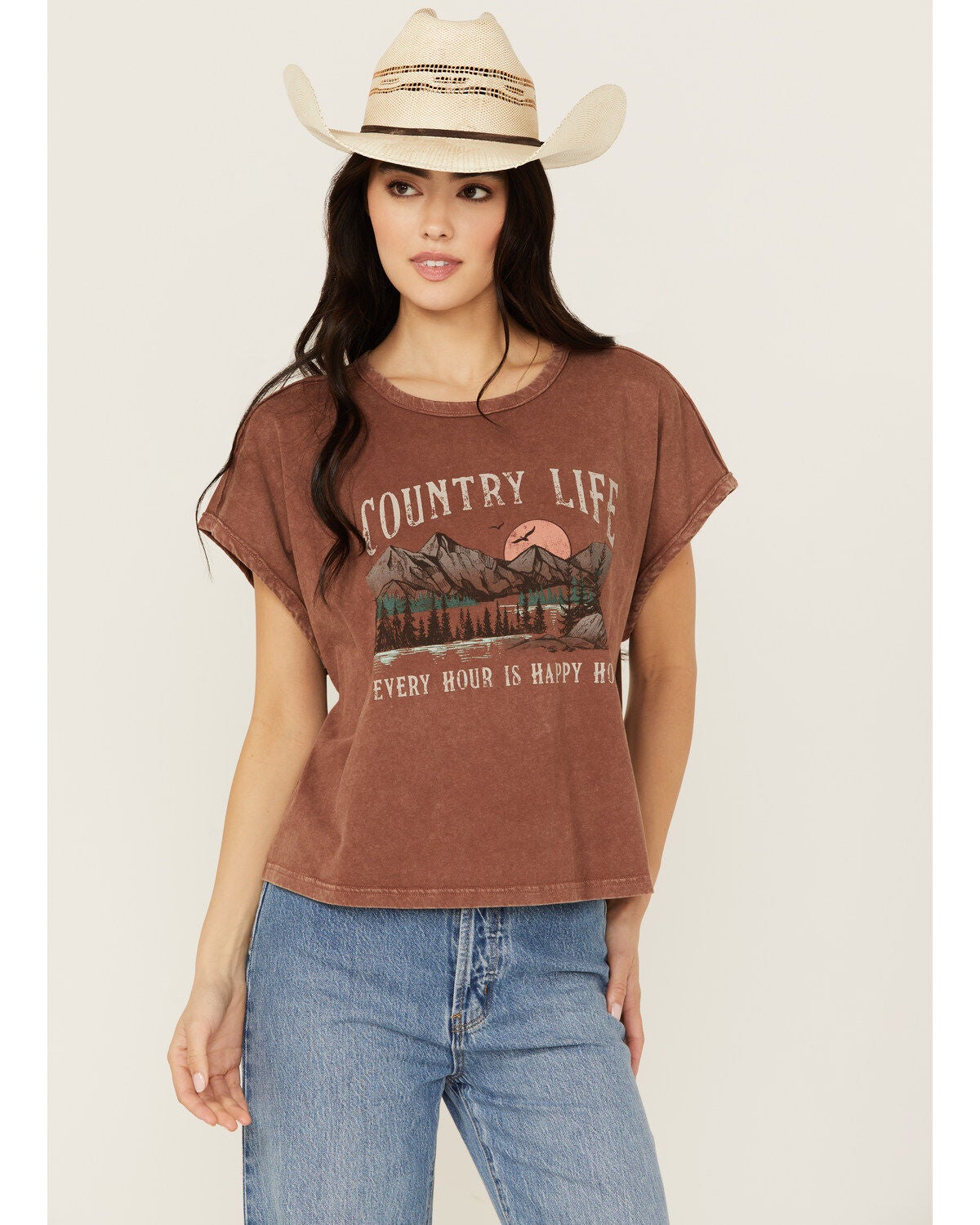Cleo + Wolf Women's Anna Cropped Graphic Muscle Tee, Chocolate, hi-res
