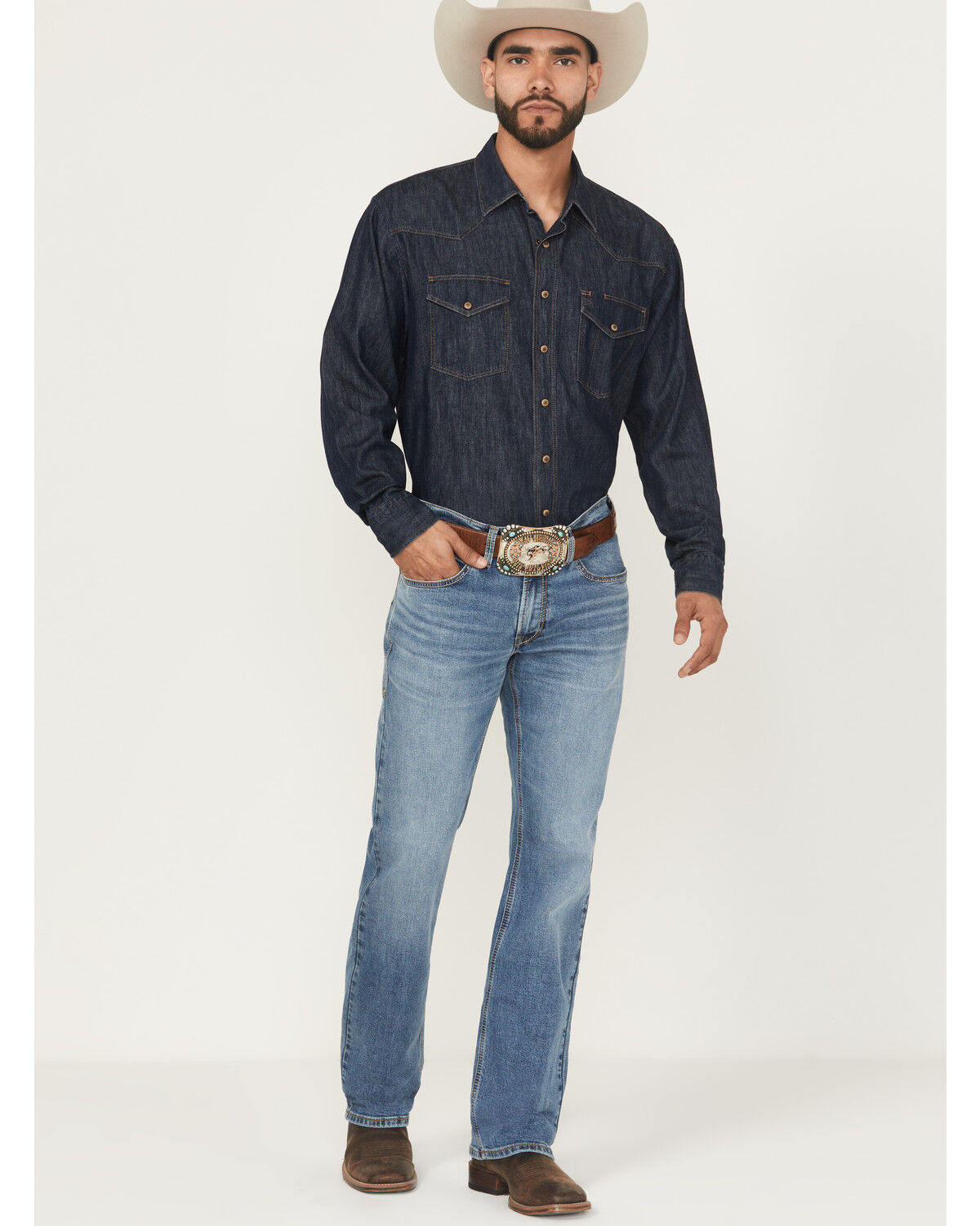 Image #1 - Ariat Men's M4 Medium Wash Relaxed Bootcut Stretch Denim Jeans, Medium Wash, hi-res