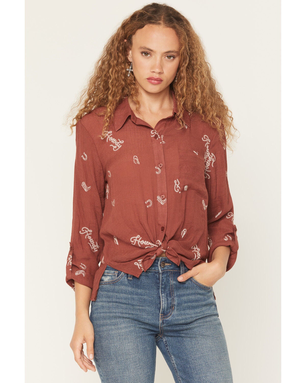 June & Hudson Women's Western Embroidered 3/4 Sleeve Button-Down Shirt, Dark Red, hi-res