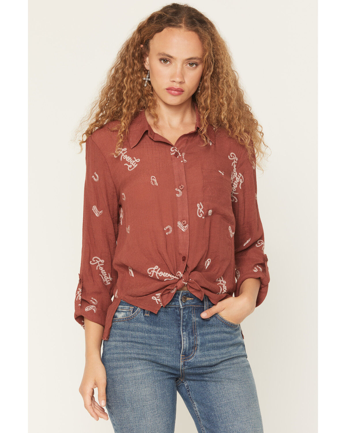 Image #1 - June & Hudson Women's Western Embroidered 3/4 Sleeve Button-Down Shirt, Dark Red, hi-res