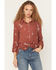 Image #1 - June & Hudson Women's Western Embroidered 3/4 Sleeve Button-Down Shirt, Dark Red, hi-res
