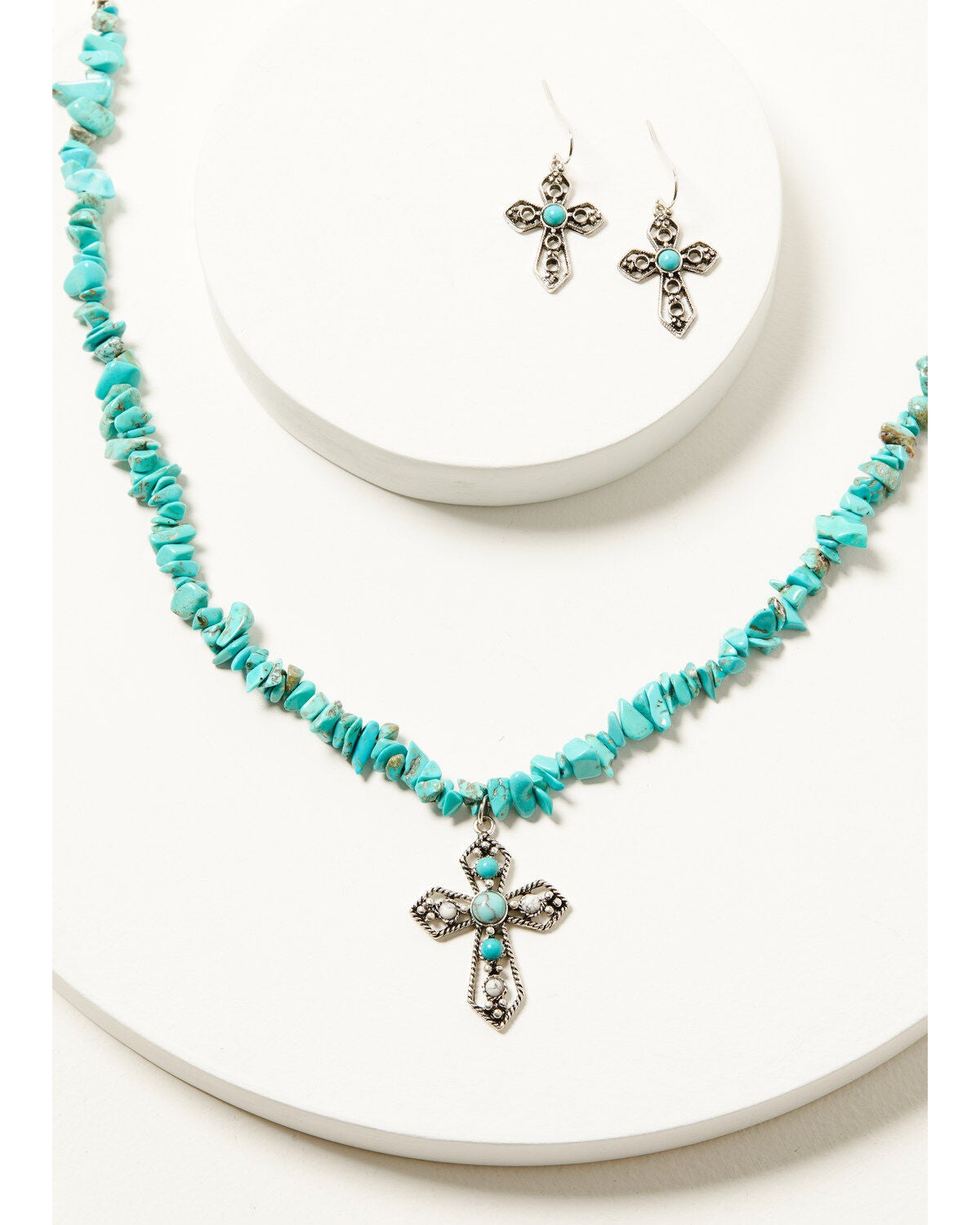 Shyanne Women's Stone Chip Cross Necklace and Earing Jewelry Set - 2 Piece, Turquoise, hi-res