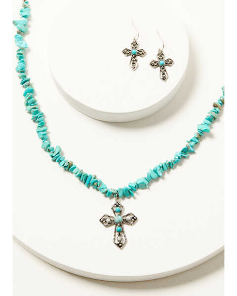 Shyanne Women's Stone Chip Cross Necklace and Earing Jewelry Set - 2 Piece , Turquoise, hi-res