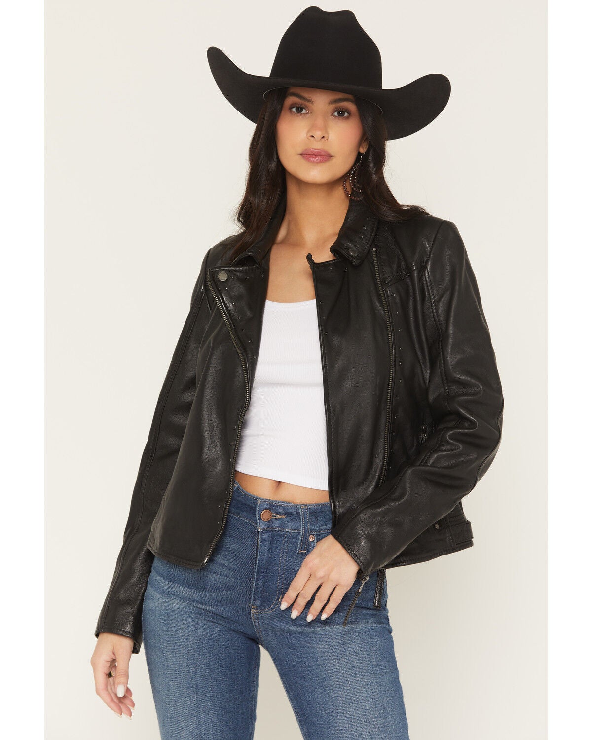 Mauritius Women's Morgan Studded Scatter Star Leather Jacket, Black, hi-res