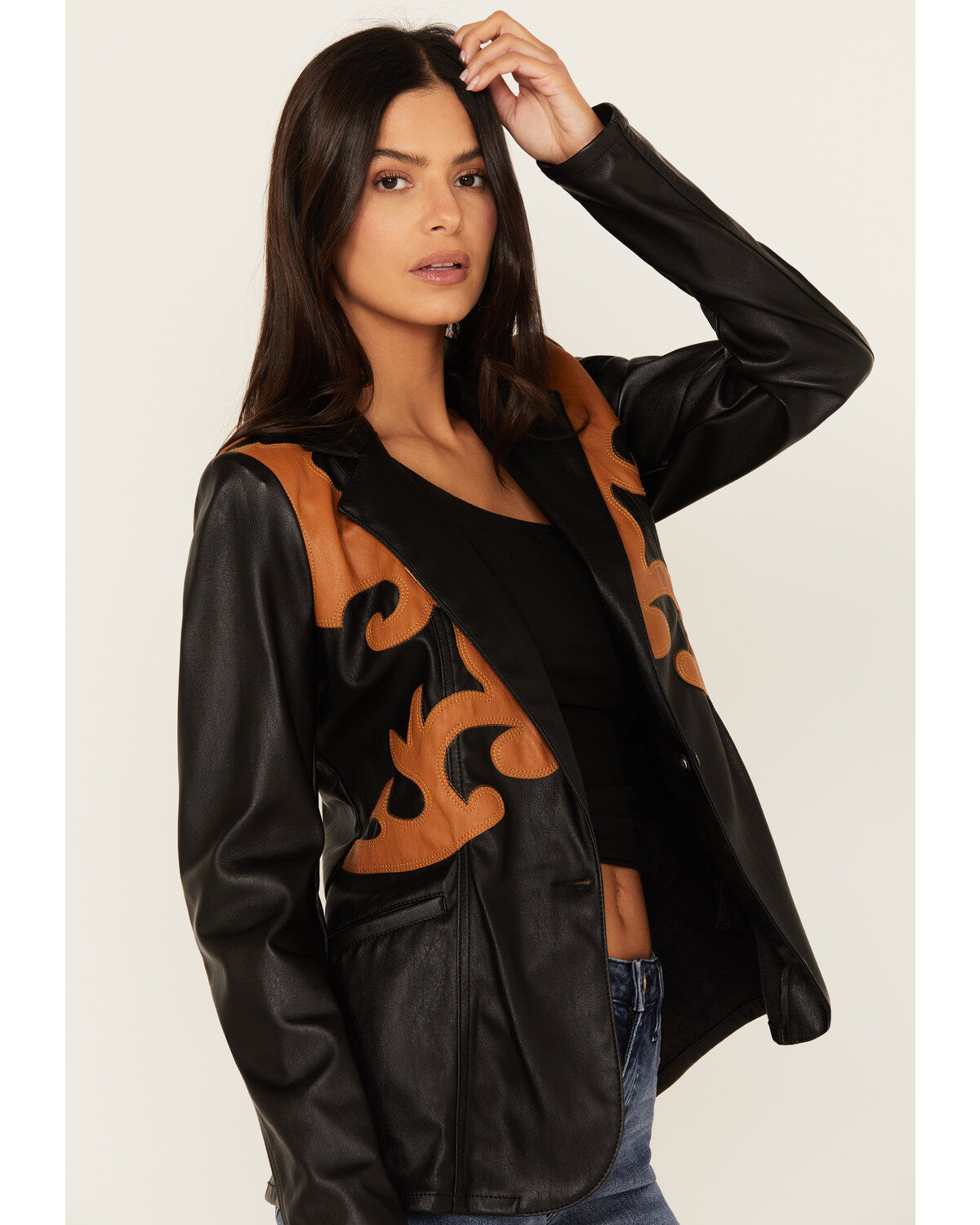 Image #2 - Rock & Roll Denim Women's Western Detail Faux Leather Blazer, Black, hi-res