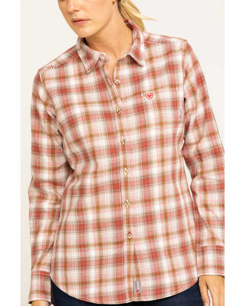 Image #4 - Ariat Women's Boot Barn Exclusive FR Victoria Plaid Print Long Sleeve Work Shirt , Orange, hi-res