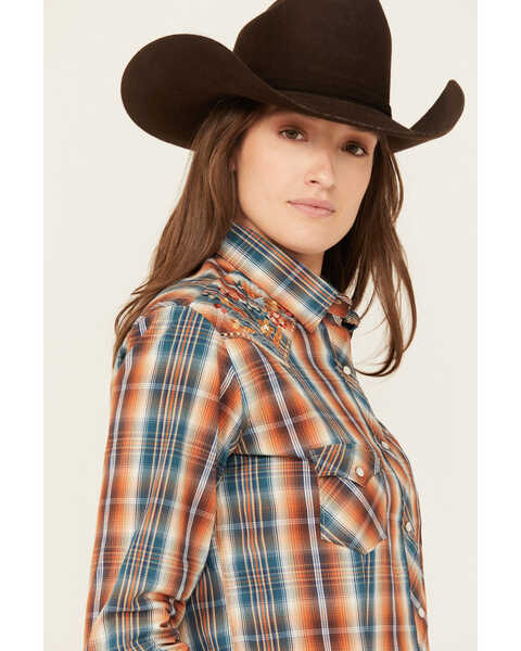 Image #2 - Rough Stock by Panhandle Women's Plaid Print Long Sleeve Pearl Snap Stretch Western Shirt, Rust Copper, hi-res