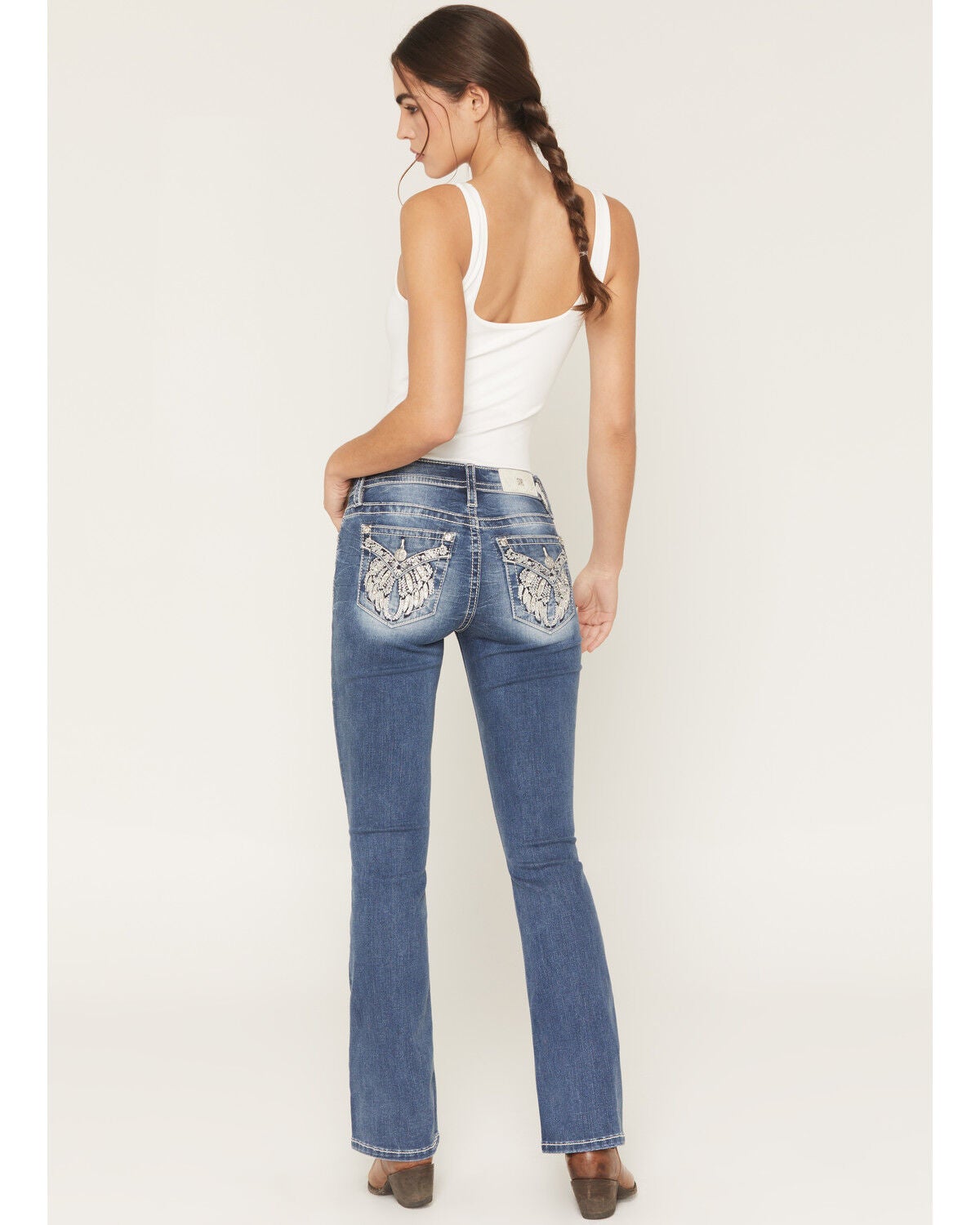 Miss Me Women's Dark Wash Mid Rise Winged Pocket 32" Bootcut Stretch Denim Jeans, Dark Wash, hi-res