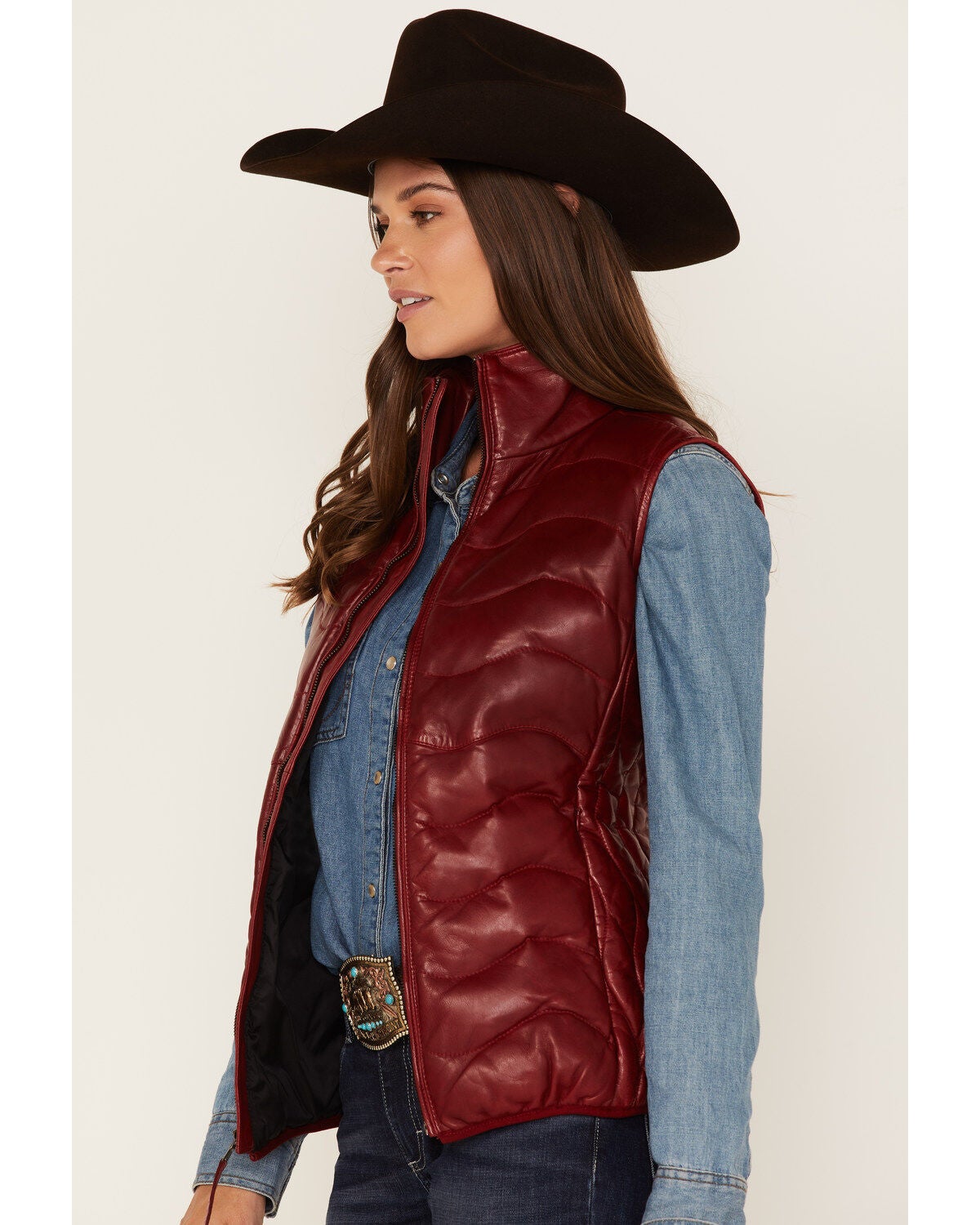 Image #2 - Leatherwear by Scully Women's Quilted Leather Vest, Red, hi-res