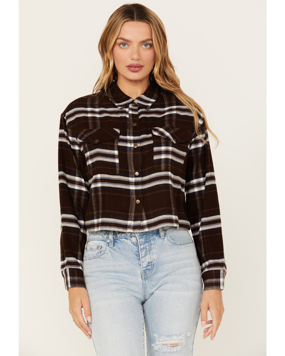 Image #1 - Cleo + Wolf Women's Cropped Plaid Print Flannel Shirt, Chocolate, hi-res