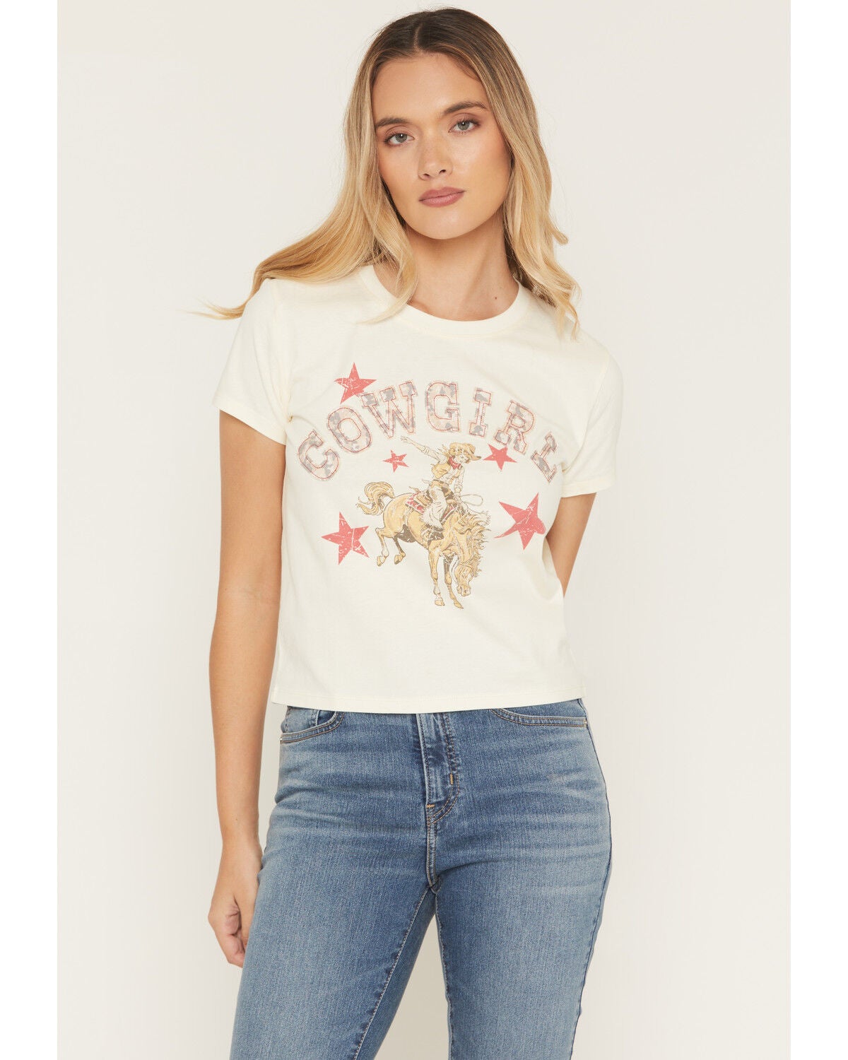 Youth In Revolt Women's Cowgirl Camo Patch Short Sleeve Cropped Boxy Tee, Cream, hi-res