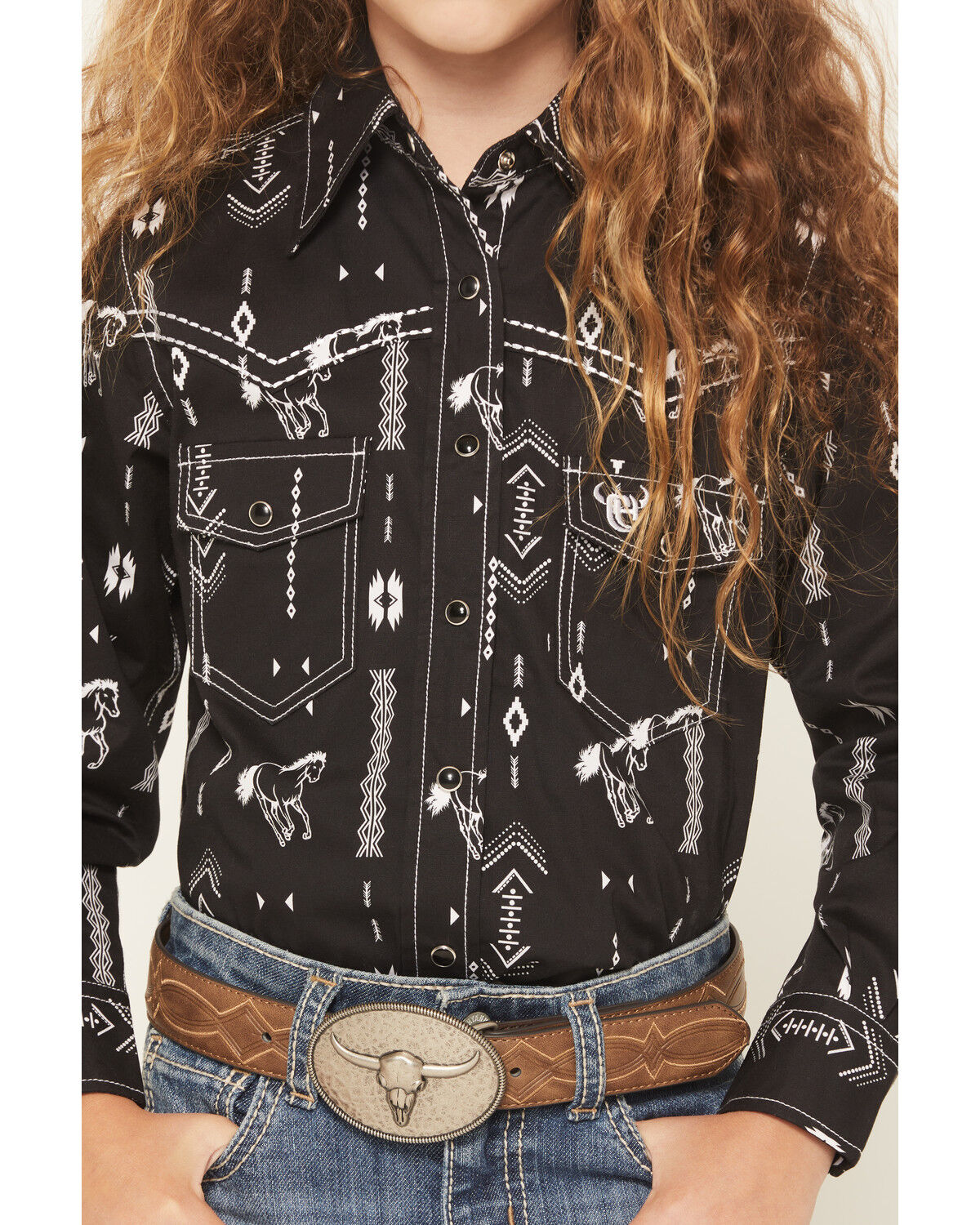 Cowgirl Hardware Girls' Horse Southwest Long Sleeve Snap Stretch Western Shirt