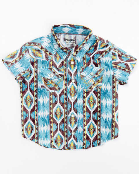 Wrangler Infant Boys' Checotah Print Short Sleeve Western Snap Shirt, Blue, hi-res