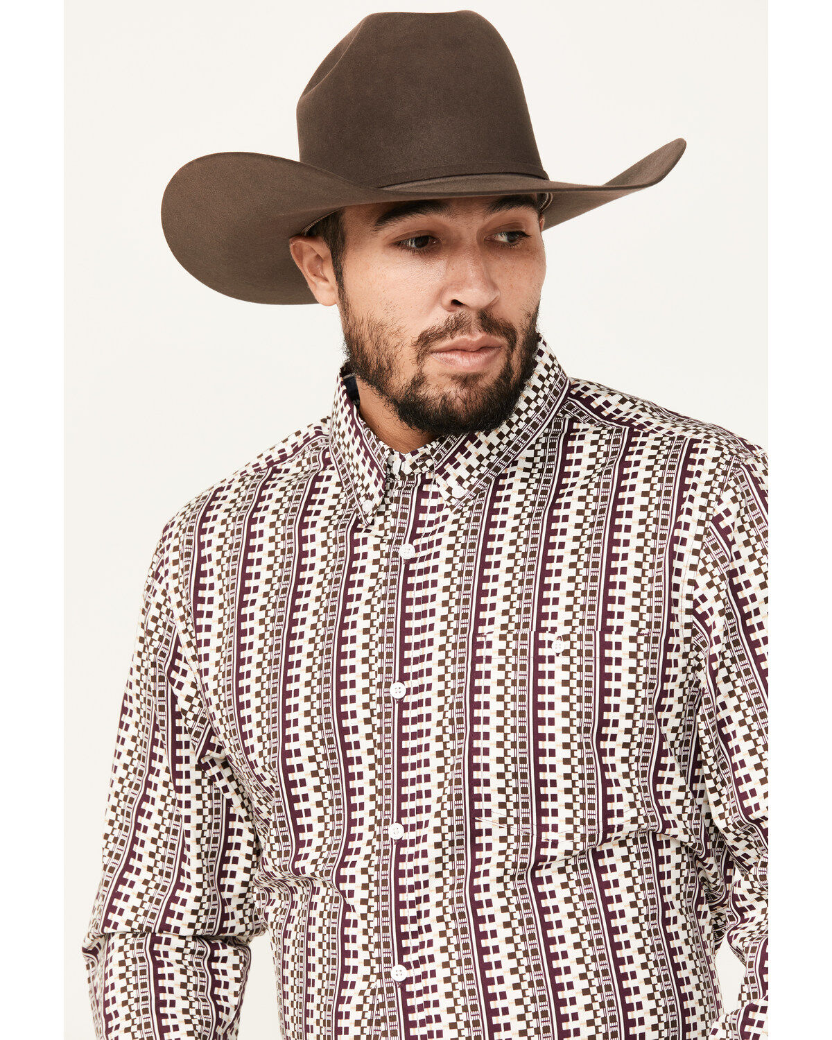 Image #2 - RANK 45® Men's Railroad Geo Print Long Sleeve Button-Down Western Shirt, Grape, hi-res