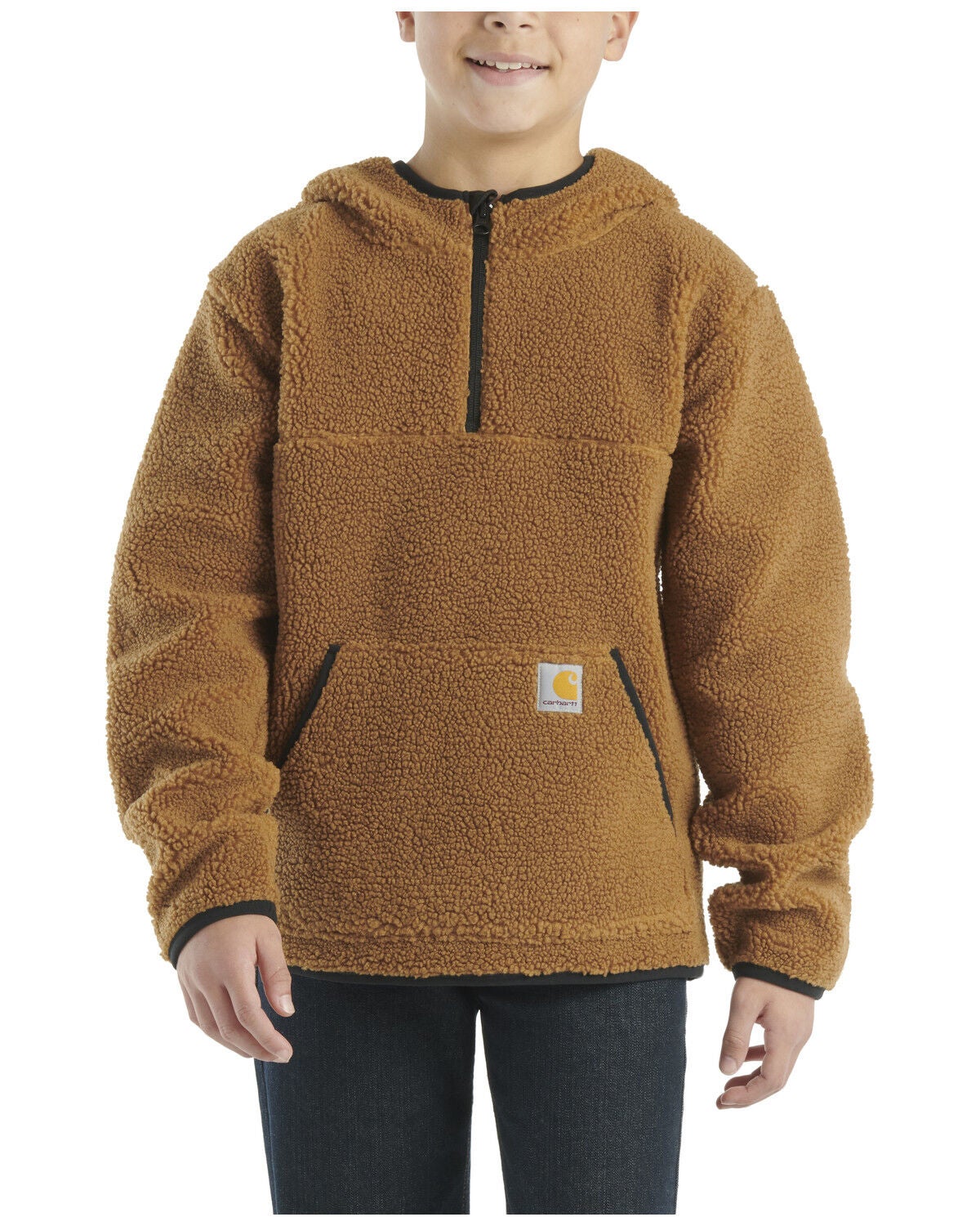 Carhartt Boys' Sherpa Half Zip Hooded Pullover, Brown, hi-res