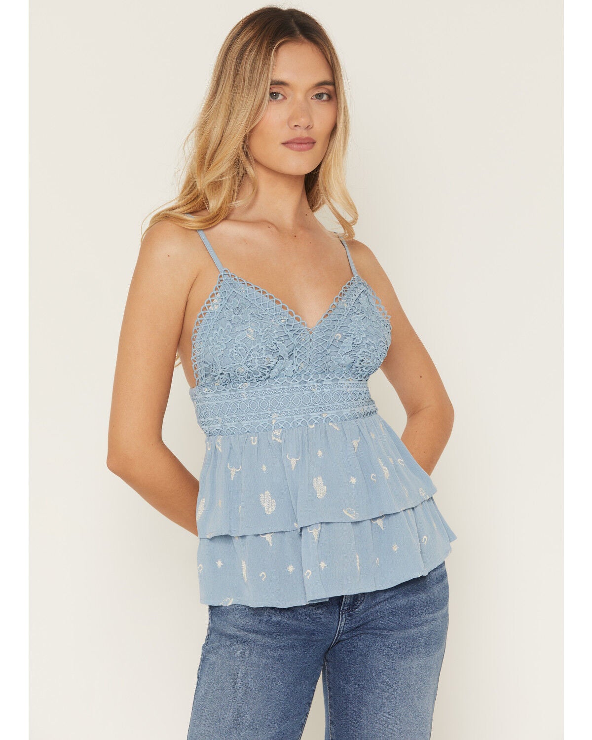 Image #1 - A.T.A.P. Women's Crochet Embroidered Sleeveless Tank Top, Blue, hi-res