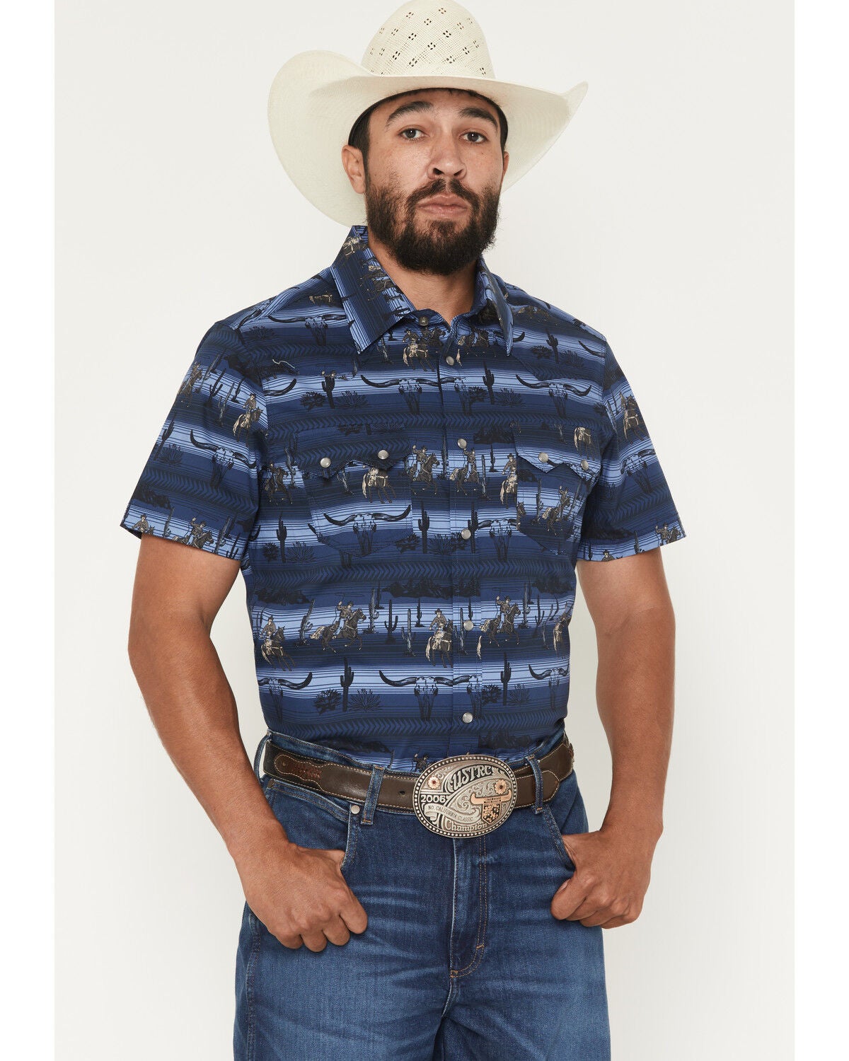 Rock & Roll Denim Men's Serape Striped Steerhead Short Sleeve Snap Stretch Western Shirt, Navy, hi-res