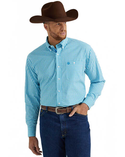 George Strait by Wrangler Men's Plaid Print Long Sleeve Button-Down Stretch Western Shirt, Turquoise, hi-res