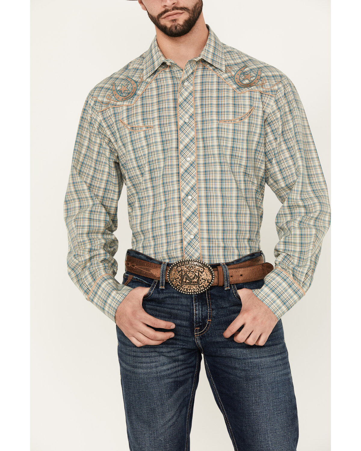 Image #3 - Roper Men's Plaid Print Embroidered Long Sleeve Pearl Snap Western Shirt, Teal, hi-res