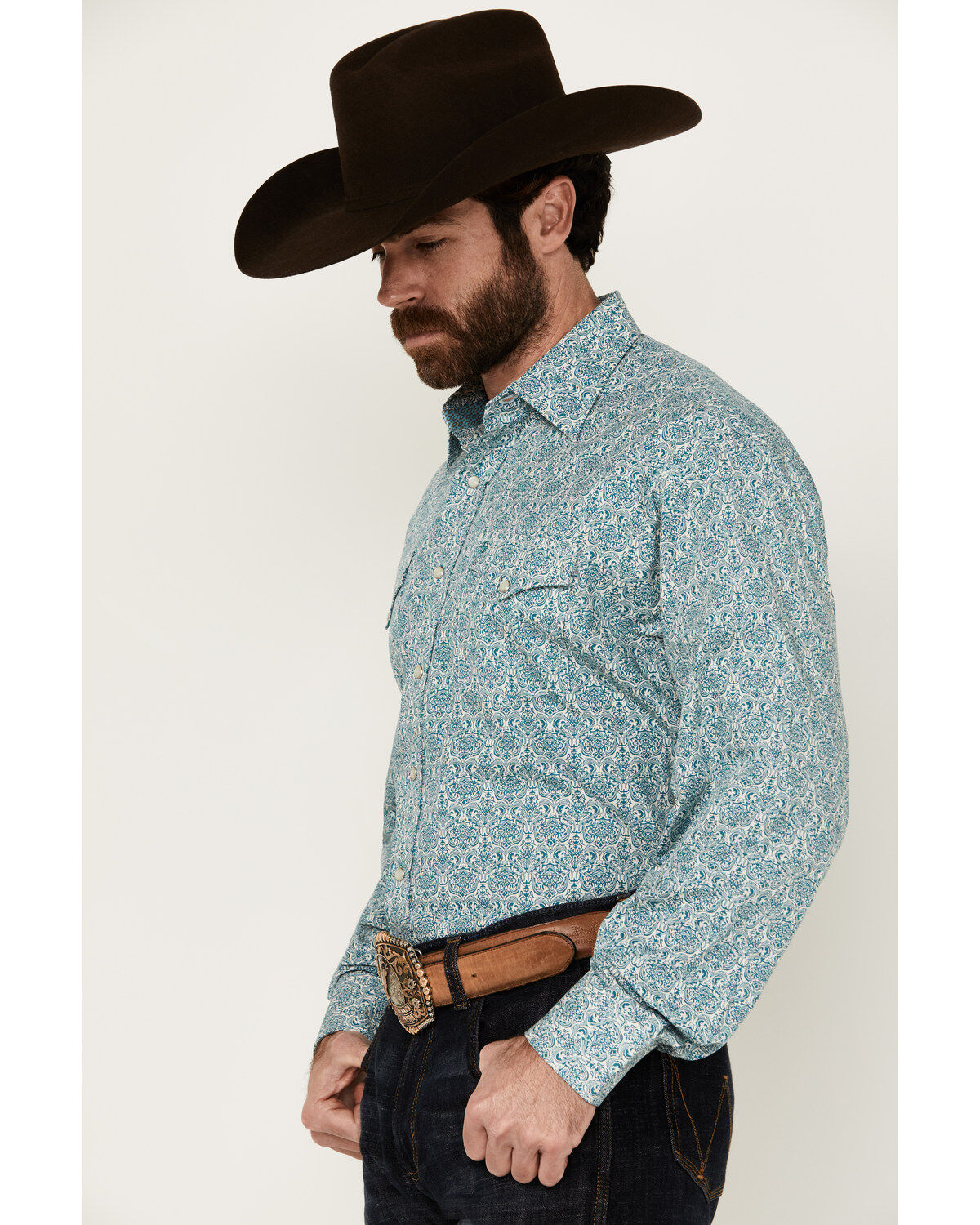 Image #2 - Stetson Men's Medallion Print Long Sleeve Snap Western Shirt, Teal, hi-res