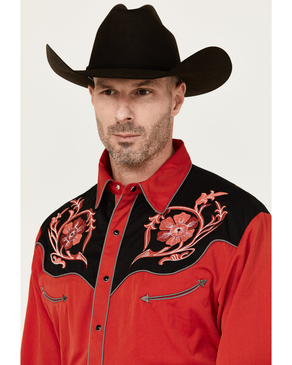 Image #2 - Scully Men's Floral Embroidered Long Sleeve Snap Western Shirt, Red, hi-res