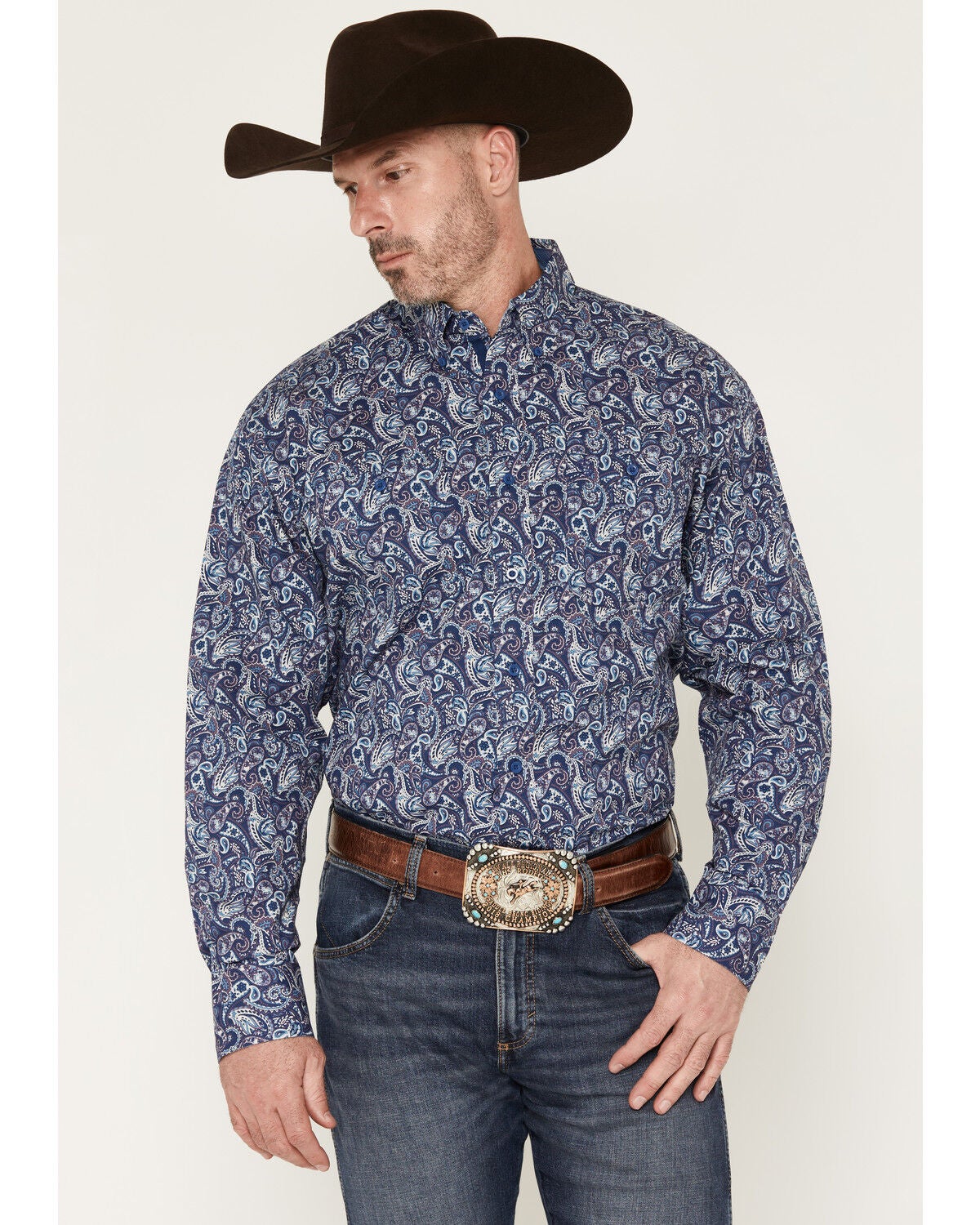 George Strait by Wrangler Men's Paisley Print Long Sleeve Button-Down Stretch Western Shirt, Blue, hi-res